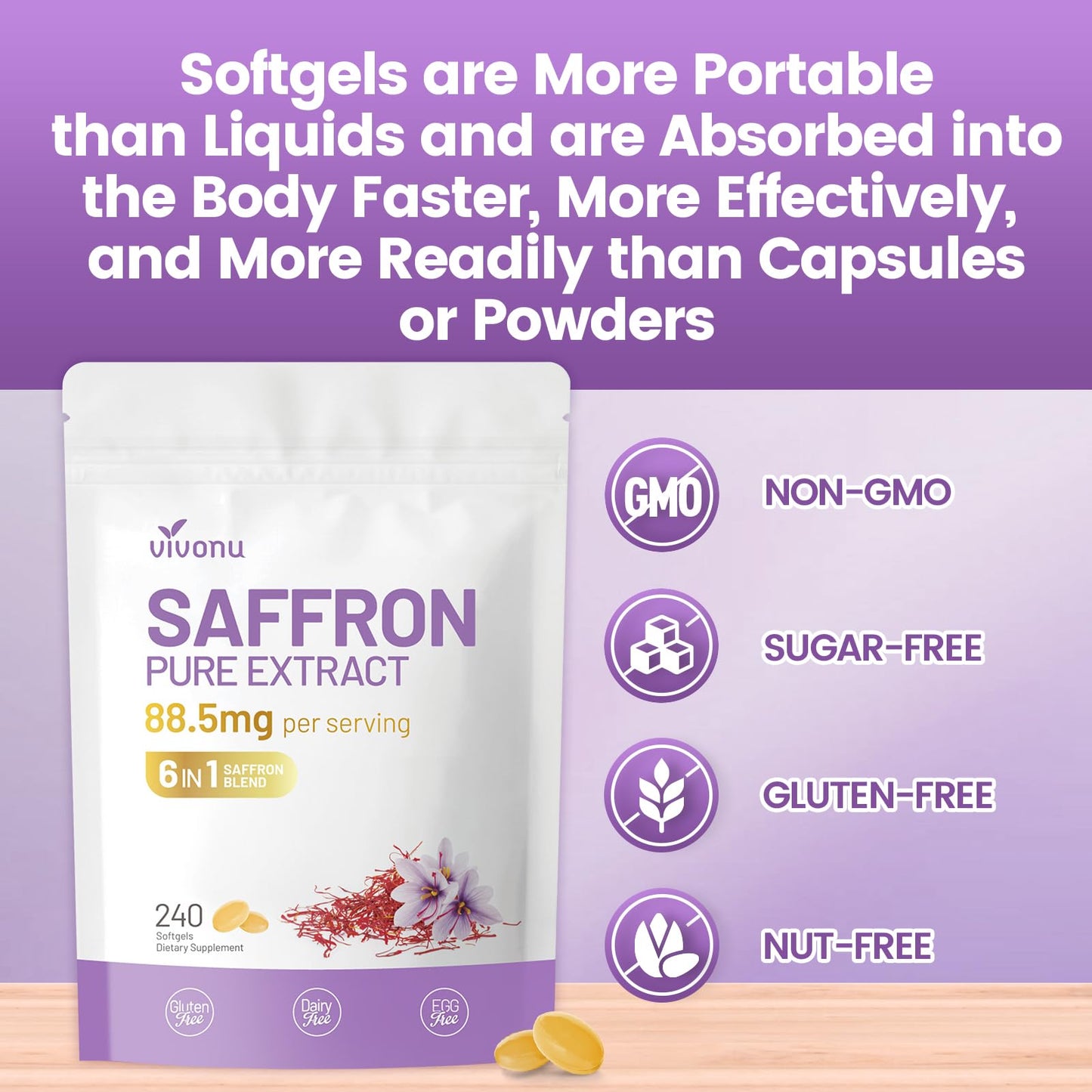 Saffron Supplements Softgels, Saffron Extract Capsules Supports Eyes Health, Energy, Mood, Immunity, Focus, Rich in Vitamin and Extracts of Saffron, Turmeric, Rosemary (240 Softgels / 1 Bag)
