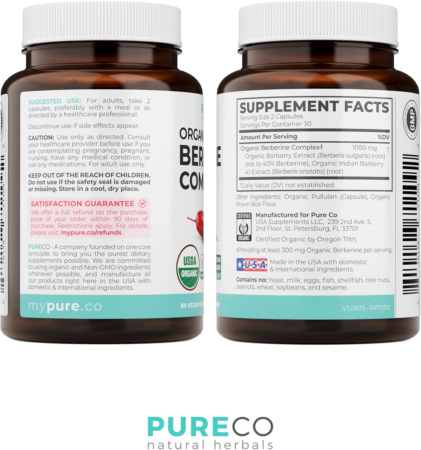 PURE CO Certified Organic Berberine Supplement Capsules - High Strength Berberine Complex with Organic Barberry Extract Providing 1000mg per Serving - NSF Lab Verified Vegan & Non-GMO (30 Servings)