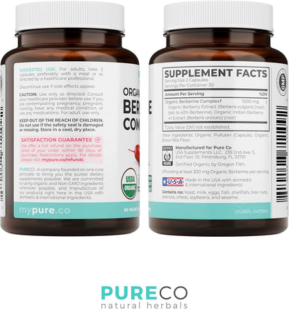 PURE CO Certified Organic Berberine Supplement Capsules - High Strength Berberine Complex with Organic Barberry Extract Providing 1000mg per Serving - NSF Lab Verified Vegan & Non-GMO (30 Servings)