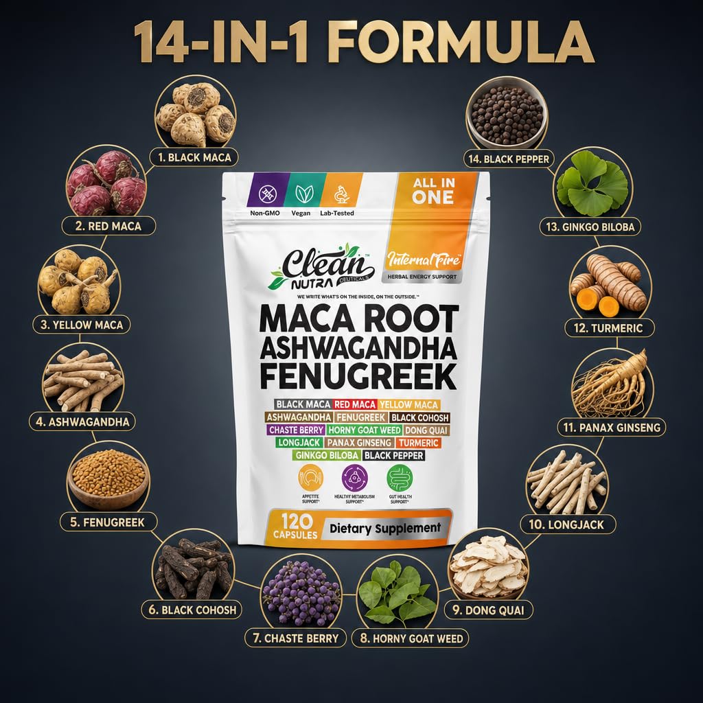 Clean Nutraceuticals Ashwagandha Maca Root Fenugreek Supplement with Tongkat Ali Ginseng - Assists with Stress, Mood & Thyroid - Ashwagandha Capsules Fenugreek Caps