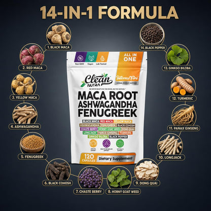 Clean Nutraceuticals Ashwagandha Maca Root Fenugreek Supplement with Tongkat Ali Ginseng - Assists with Stress, Mood & Thyroid - Ashwagandha Capsules Fenugreek Caps