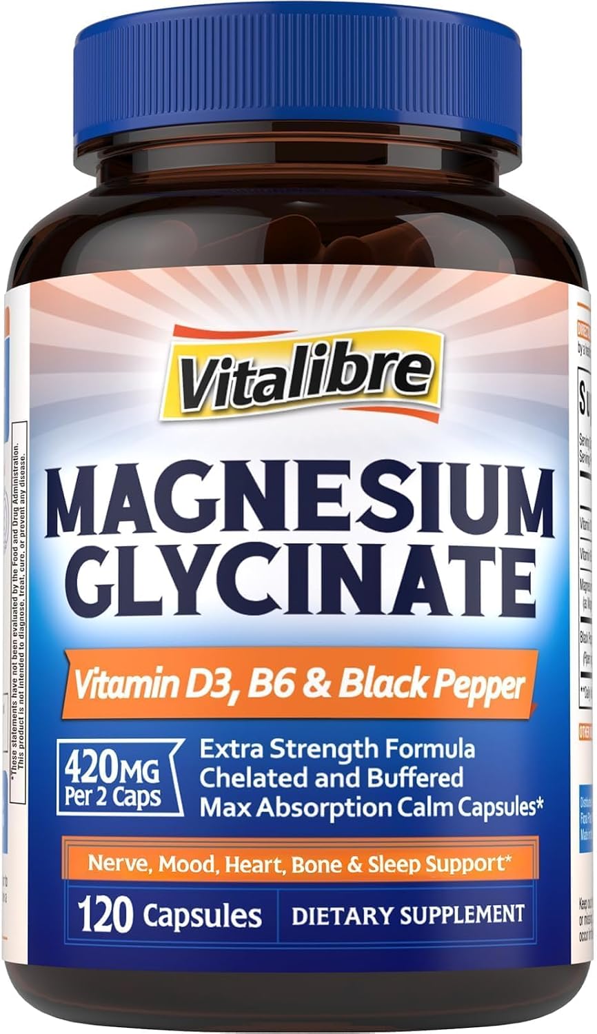 Vitalibre Magnesium Glycinate 420mg with Vitamin D3 B6, 120 Vegan Capsules | Chelated & Buffered Magnesium Supplement | High Absorption for Nerve, Bone, Heart, Mood, Sleep Support, Non-GMO