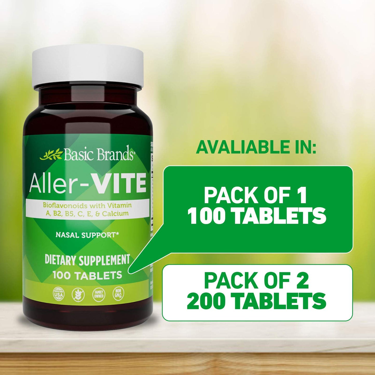 Basic Brands Aller Vite Nasal Support Tablets, 100 Tablets | Seasonal Allergy Relief, High Bioflavonoid Complex with Vitamins and Calcium, Gluten Free, Daily Supplement