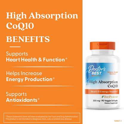 Doctor's Best High Absorption CoQ10 200mg with BioPerine Supplement - Coenzyme Q10 Caps for Heart Health & Antioxidant Support, CoQ10 200 mg for Women & Men, Non GMO - 60 Veg Capsules