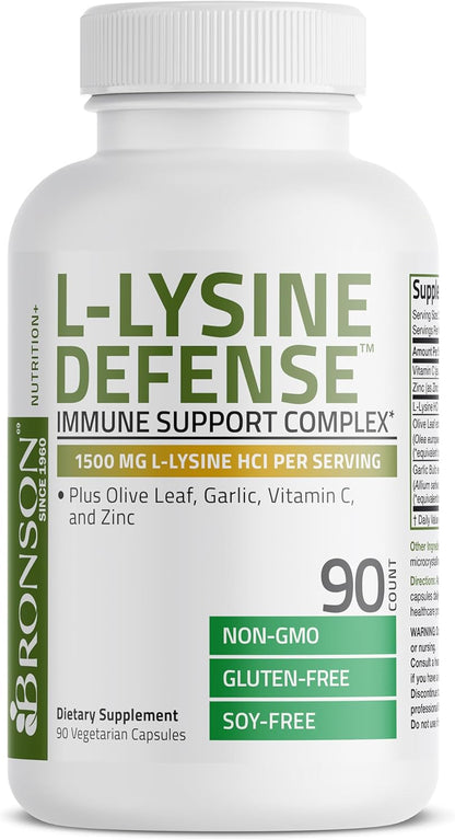 Bronson L-Lysine Defense Immune Support Complex, 1500 mg, 90 Capsules | Essential Amino Acid with Olive Leaf, Garlic, Vitamin C & Zinc, Vegetarian, Non-GMO, Gluten-Free & Soy-Free