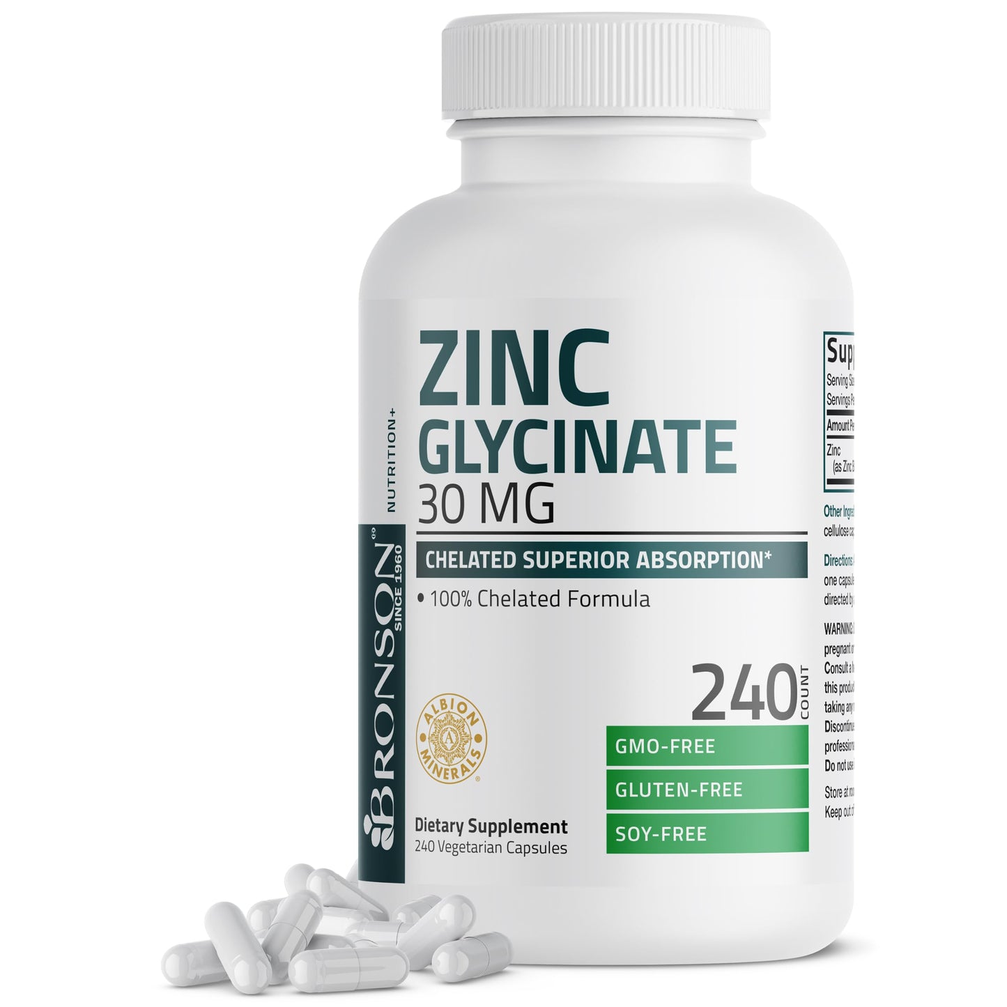 Bronson Zinc Glycinate 30mg Chelated Superior Absorption 100% Chelated Formula Non-GMO, 120 Vegetarian Capsules