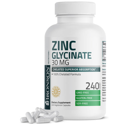 Bronson Zinc Glycinate 30mg Chelated Superior Absorption 100% Chelated Formula Non-GMO, 120 Vegetarian Capsules