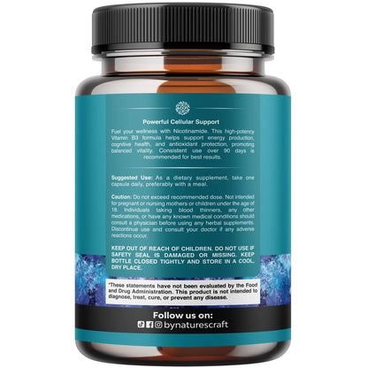 Vitamin B3 Niacinamide 500mg Capsules - Mitochondrial Energy and Potent Skin Supplement - Vitamin B3 Niacin Flush Free and Nicotinamide 500mg - Flush Free Niacin Supplement - 60 Count
