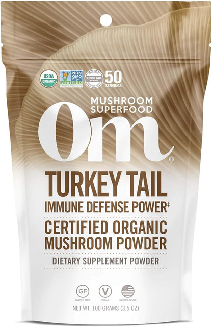 OM MUSHROOM SUPERFOOD Turkey Tail Organic Mushroom Powder Pouch, 7.05 Ounce, 100 Servings, Immune Support, Polysacchrides, Beta-Glucans, Gut Health & Holistic Defense Mushroom Supplement