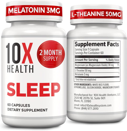 10X Health Sleep Supplement - 60 Capsules | Melatonin 3mg: L-Theanine & Magnesium, 3-in-1 Natural Sleep Support, 60 Capsules