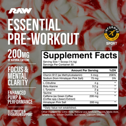 RAW Nutrition - Essential Pre - Chris Bumstead Pre Workout Formula, Sports Nutrition Pre-Workout Powders | Men & Womens Drink, Energy Powder for Working Out (Blue Raspberry)