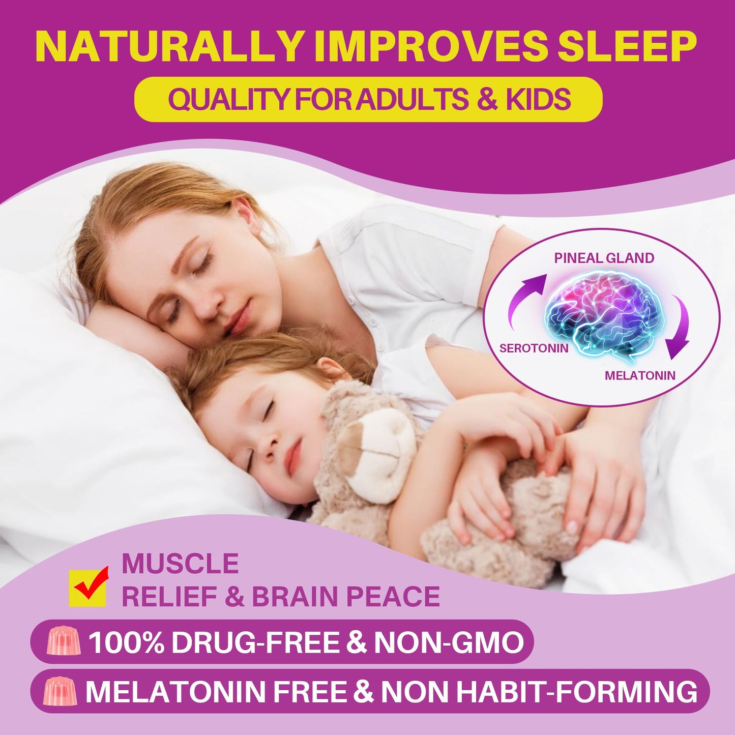 5HTP Gummies for Adults & Kids 8+, Melatonin Free Gummies with Magnesium Glycinate, GABA, L-Glycine, Ashwagandha, Vitamin B6 for Delicious Zzzs, Brain & Muscle Relaxation, 0 Sugar 60 Count (Pack of 1)