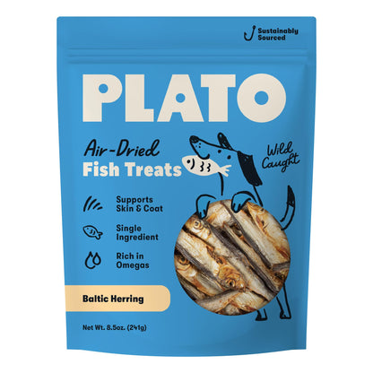 Plato Single Ingredient Wild-Caught Baltic Herring Dog Treats, Air-Dried Whole Fish, Omega-Rich Skin & Coat Support, 8.5 oz