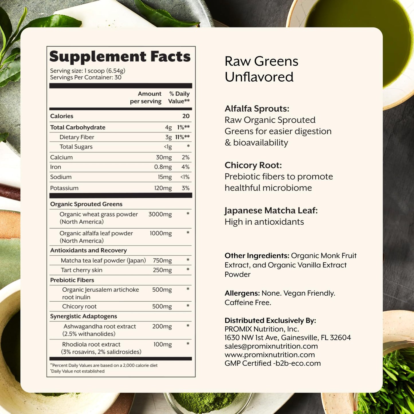 ProMix Nutrition Raw Greens Superfood Blend - Sprouted Alfalfa, Wheatgrass, Ashwagandha, & Rhodiola - 30 Servings