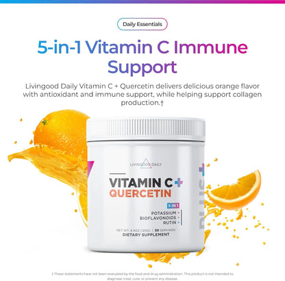 Livingood Daily High Dose Vitamin C Powder Supplement, 2,600 MG Ascorbic Acid Powder Supports Immunity & Skin Health, Powdered Vitamin C with Quercetin, Sweetened with Stevia, Vegan, 30 Servings