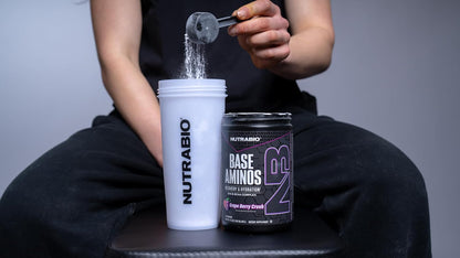 NutraBio Base Aminos EAA + BCAA Powder –10g Essential Amino Acids Supplement, 6g 2:1:1 BCAAs, 2.8g Hydration Matrix with Electrolytes & Absorption Enhancer AstraGin® – Grape Berry Crush