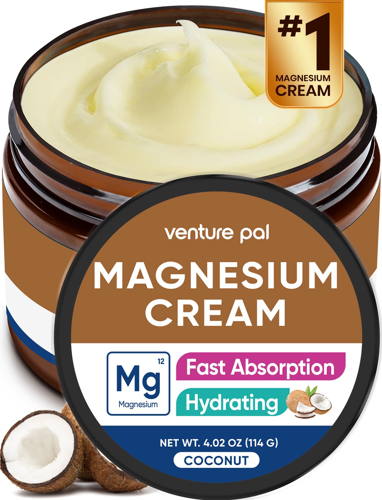 Venture Pal Topical Magnesium Cream, Highly Concentrated Magnesium Lotion | Fast-Absorbing Magnesium Moisturizing Cream with Coconut Oil, Shea Butter & Hyaluronic Acid; Suitable for Kids