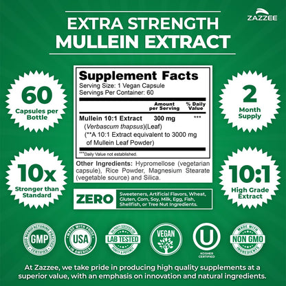 Zazzee Extra Strength Mullein Leaf 10:1 Extract, 120 Vegan Capsules, 4 Month Supply, Verbascum Thapsus, Respiratory & Lung Support, Certified Kosher, 100% Pure Leaf Powder, Non-GMO, Made in the USA