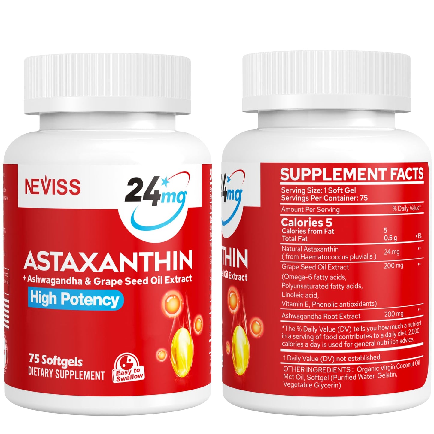 Astaxanthin Supplements 24mg, 5 Month Supply - Coconut MCT Oil, Fresh Microalgae Source w/Grape Seed Oil, Ashwagandha - Antioxidants for Healthy Skin, Eyes, Aging - Non-GMO & Gluten Free, 150 Softgels