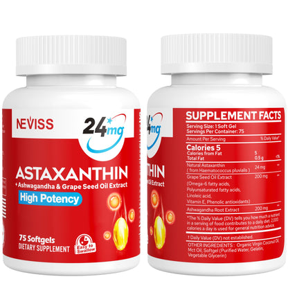 Astaxanthin Supplements 24mg, 5 Month Supply - Coconut MCT Oil, Fresh Microalgae Source w/Grape Seed Oil, Ashwagandha - Antioxidants for Healthy Skin, Eyes, Aging - Non-GMO & Gluten Free, 150 Softgels