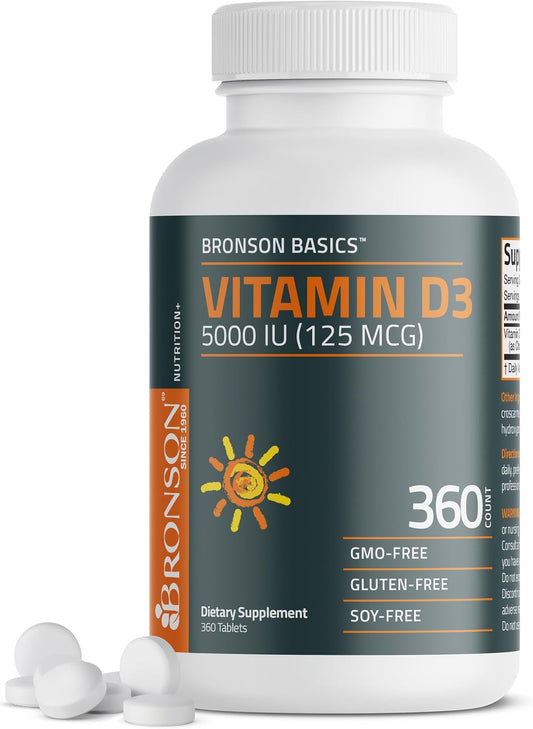 Bronson Vitamin D3 5000iu (125mcg) Non-GMO Gluten-Free Soy-Free 360 Tablets | Immune, Bone, Joint, Breast, Heart, and Colon Health Supplement