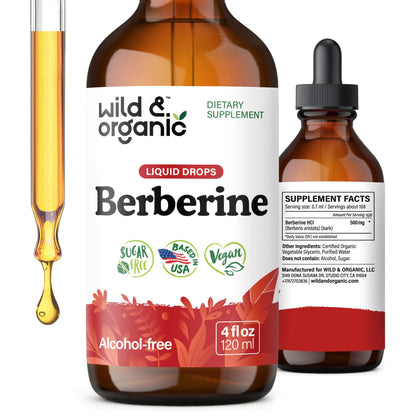 Wild & Organic Berberine Drops - Antioxidant Support - Liquid Berberine HCL 500mg - Add to Tea Supplement - Berberis Aristata Bark Extract - Pure, Vegan, Alcohol & Sugar-Free Tincture - 4 fl oz