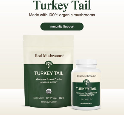 Real Mushrooms Turkey Tail Capsules – Organic Mushroom Extract for Daily Wellness, Gut Harmony, Energy Support – Vegan, Non-GMO, No Fillers – Turkey Tail Extract 200 Count Mushroom Supplement