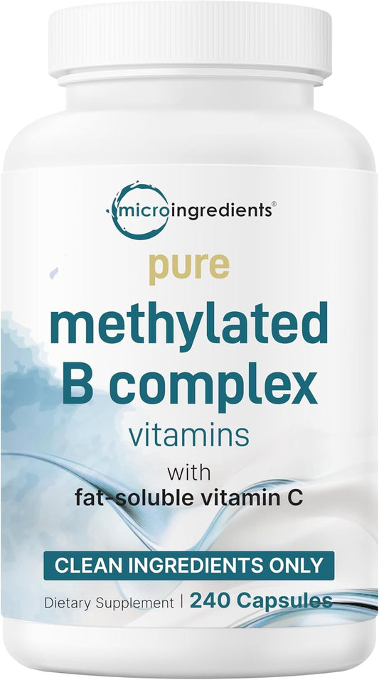 Micro Ingredients Pure Methylated B Complex Vitamins, 240 Capsules | 11-in-1 with Methylfolate, Methylcobalamin B12 & P5P + Fat-Soluble Vitamin C, Choline & Inositol. Filler Free, Non-GMO.