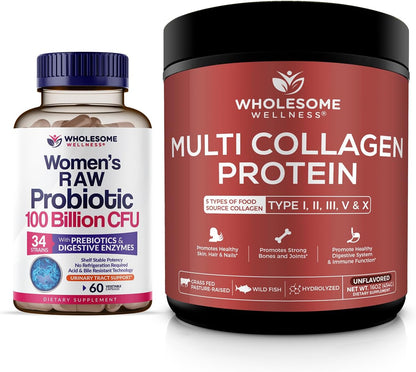 Wholesome Wellness Probiotics for Women 100 Billion CFUs with Prebiotics, Digestive Enzymes + Multi Collagen Protein Powder Hydrolyzed (Type I II III V X) Bundle