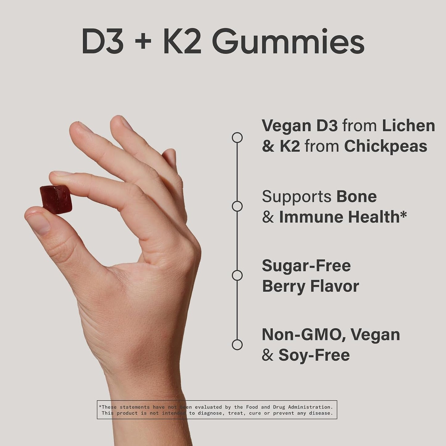 Sports Research® Vegan Vitamin D3 + K2 Sugar-Free Gummies - 125mcg (5000iu) Vitamin D w/ 100mcg Mk7 Vitamin K - Supports Bone & Immune Health* - Vegan Certified · Non-GMO · Soy Free - 60 Count