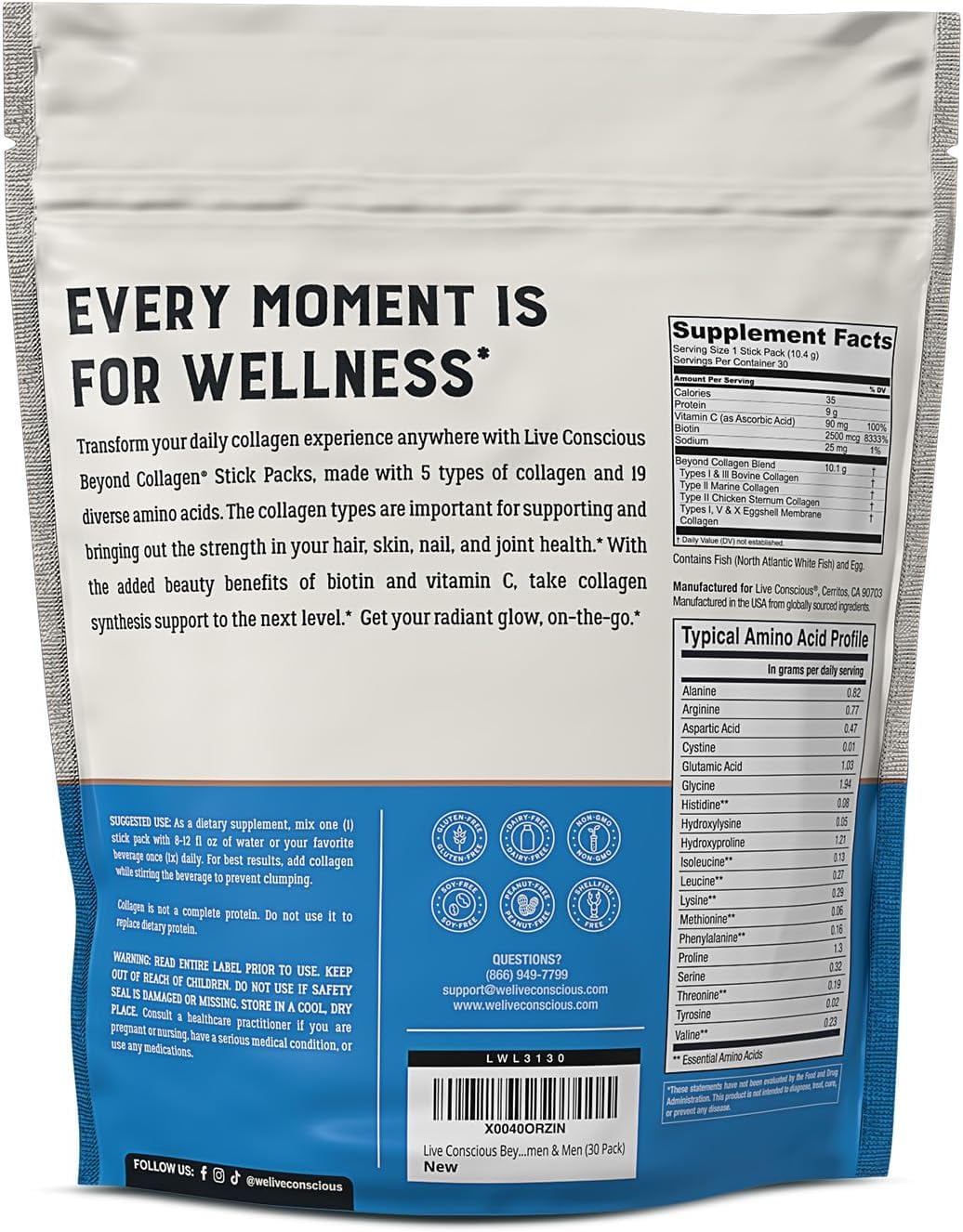 Live Conscious Collagen Peptides Powder - Naturally-Sourced Hydrolyzed Collagen Powder - Hair, Skin, Nail, and Joint Support - Type I & III Grass-Fed Collagen Supplements for Women and Men - 16oz