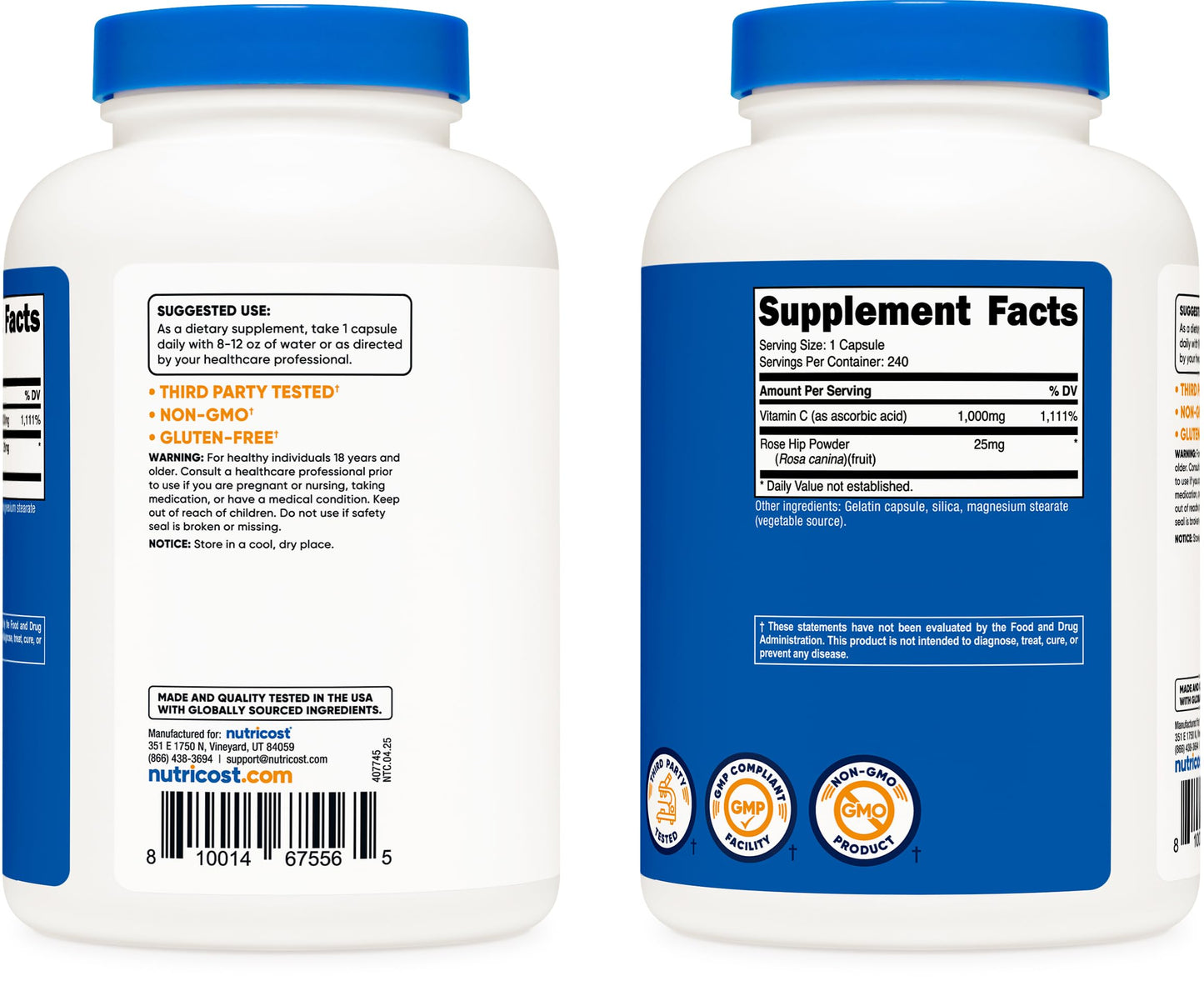 Nutricost Vitamin C with Rose Hips 1025mg, 240 Capsules, Gluten Free | Vitamin C 1,000mg, Rose Hips 25mg, GMO-Free