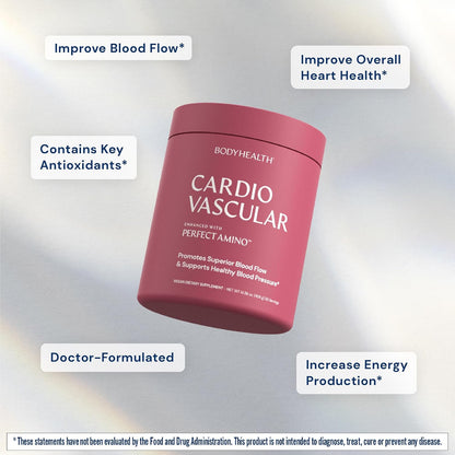 BodyHealth Cardio Vascular with PerfectAmino, Blood Flow and Heart Health Supplement Support with CoQ10, Nicotinamide Riboside, Resveratrol and D-Ribose, Chocolate Flavor, 30 Servings