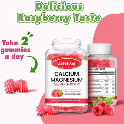 Calcium Magnesium Zinc Gummies with Vitamin D3 & K2, Calcium Gummies for Muscles, Women & Men, Raspberry Flavor - 60 Count