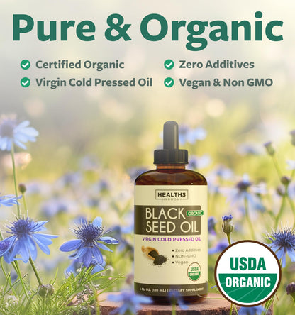 USDA Organic Black Cumin Seed Oil Liquid (8 fl oz) Premium Cold-Pressed Nigella Sativa Producing Pure - Antioxidant Supplement - Vegan, Gluten-Free, & Non-GMO (No Pills or Capsules)