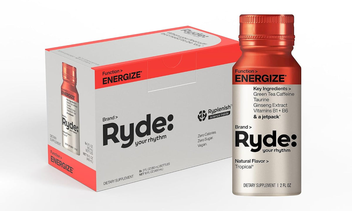 RYDE Energize Energy Shot, Tropical Flavor, Zero Sugar, 2 fl oz, 8 Pack