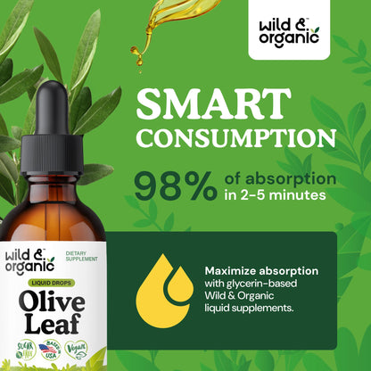 Wild & Organic Olive Leaf Extract Liquid Drops - Immune & Antioxidant Support - Oleuropein Supplement - Add to Tea Olive Leaf Tincture - Vegan, Sugar & Alcohol Free - 4 fl oz