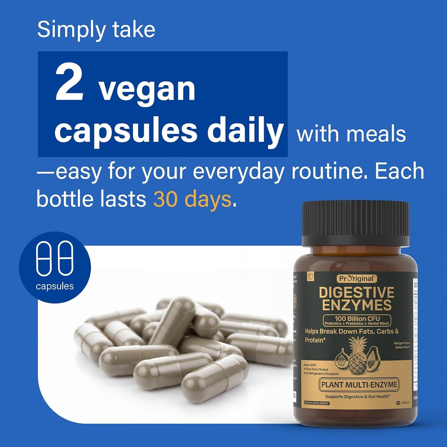 Digestive Enzymes Supplement with 100 Billion CFU Probiotic & Prebiotic | Multi-Enzyme Formula for Women & Men - Supports Digestive & Gut Health, Aids Protein, Carb & Dairy Digestion, 60 Caps