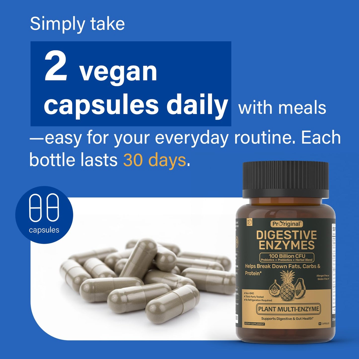 Digestive Enzymes Supplement with 100 Billion CFU Probiotic & Prebiotic | Multi-Enzyme Formula for Women & Men - Supports Digestive & Gut Health, Aids Protein, Carb & Dairy Digestion, 60 Caps