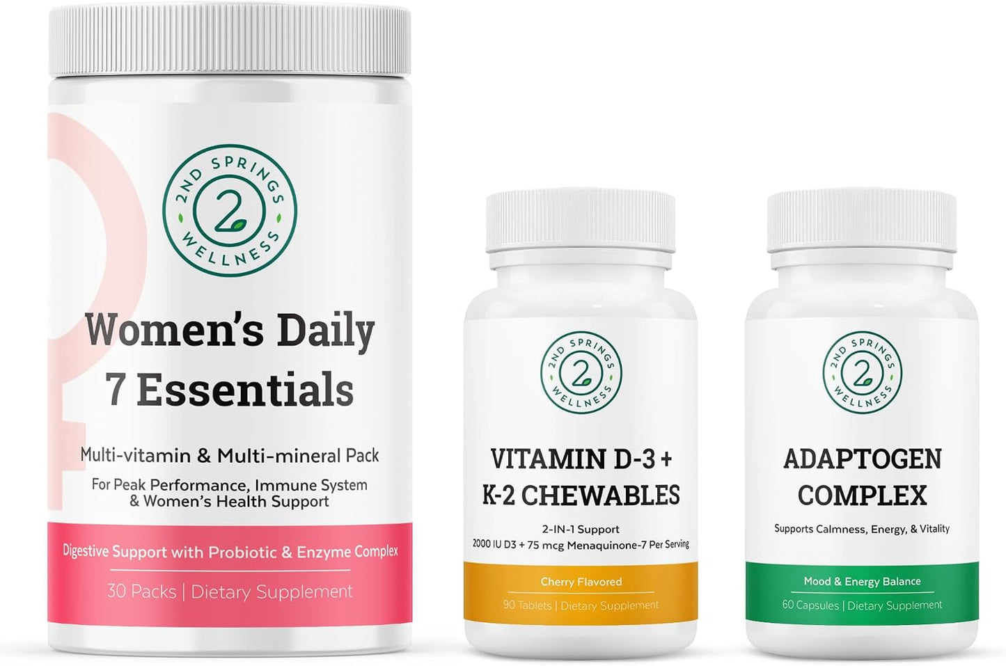 Women's Daily 7 Essentials, Vitamin D3 + K2 Chewables & Adaptogen Complex Bundle