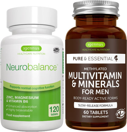 Neurobalance + Multivitamin & Minerals for Men Vegan Bundle, High Absorption Zinc, Magnesium & B6 Supplement + Sustained Release Multivitamin by Igennus