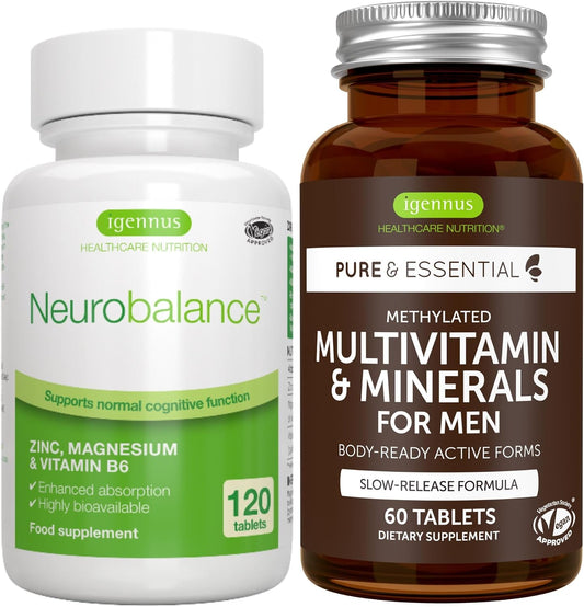 Neurobalance + Multivitamin & Minerals for Men Vegan Bundle, High Absorption Zinc, Magnesium & B6 Supplement + Sustained Release Multivitamin by Igennus