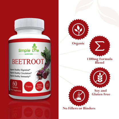 Simple Life Nutrition Organic Beet Root Powder Capsules - Nitric Oxide Booster for Men