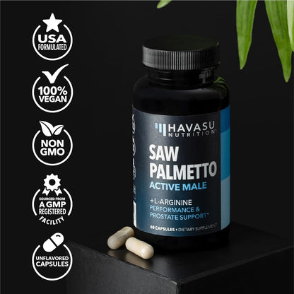 Saw Palmetto and L-Arginine for Men Capsules for Men's Health, 30 Servings | Vegan, Non-GMO Prostate Health Supplements for Men and Nitric Oxide Support, Urinary Tract Function and Endurance Support