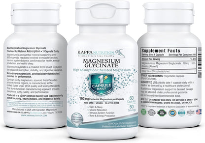 Kappa Nutrition, Magnesium Glycinate 60 Vegan Capsules, 160 mg Elemental | High-Absorption Chelated Magnesium | 1 Capsule Daily | Non-GMO, Vegan, Gluten-Free | Made in USA with Canadian Magnesium