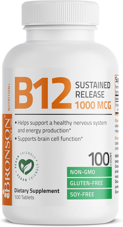 Bronson Vitamin B12 1000 mcg Sustained Release Premium Non GMO Tablets Supports Nervous System, Healthy Brain Function and Energy Production, 100 Count