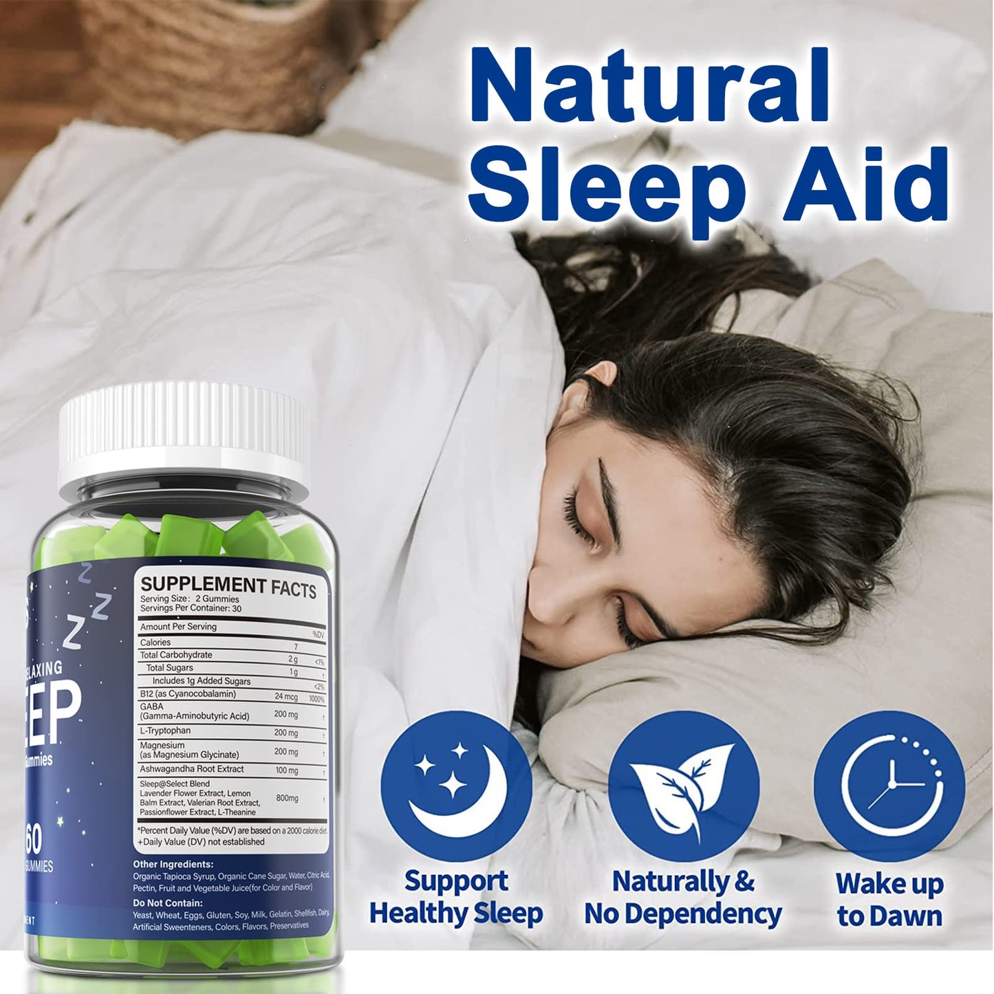 NEVISS Melatonin Free Sleep Aid Gummies for Adults - Magnesium Glycinate Gummies | GABA, L-Tryptophan, Magnesium, Ashwagandha - Non-Habit Forming, Help for Deep Relaxation - Vegan, Lemon Flavor, 2Pack