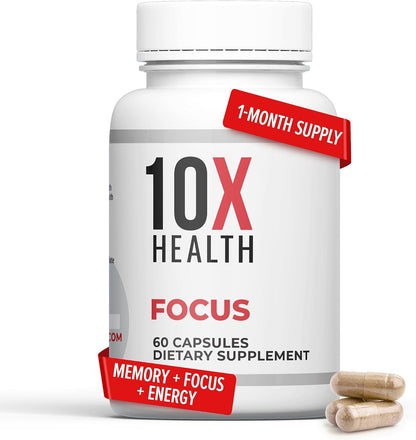 10X Health Focus Supplement - 60 Capsules | Brain Supplements for Memory and Focus: Rhodiola Rosea & Huperzine A, Memory Support, 60 Capsules, Non-GMO