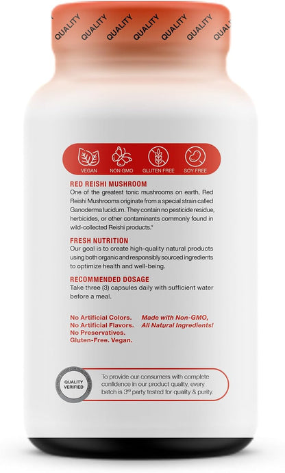 Fresh Nutrition Organic Reishi Mushroom Capsules - Rich in Alpha Glucan - Ganoderma Lucidum & Ganoderma Applanatim - Third Party Tested - 90 Capsules/Pills