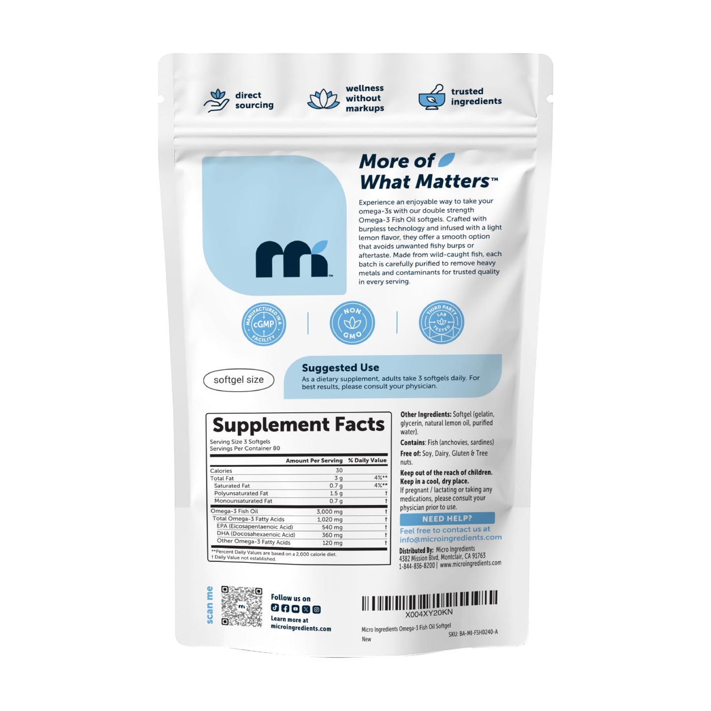 Micro Ingredients Omega 3 Fish Oil Supplements 3,000mg Per Serving, 240 Softgels | Lemon Flavored – Burpless | EPA 540mg + DHA 360mg | Deep Sea Fish